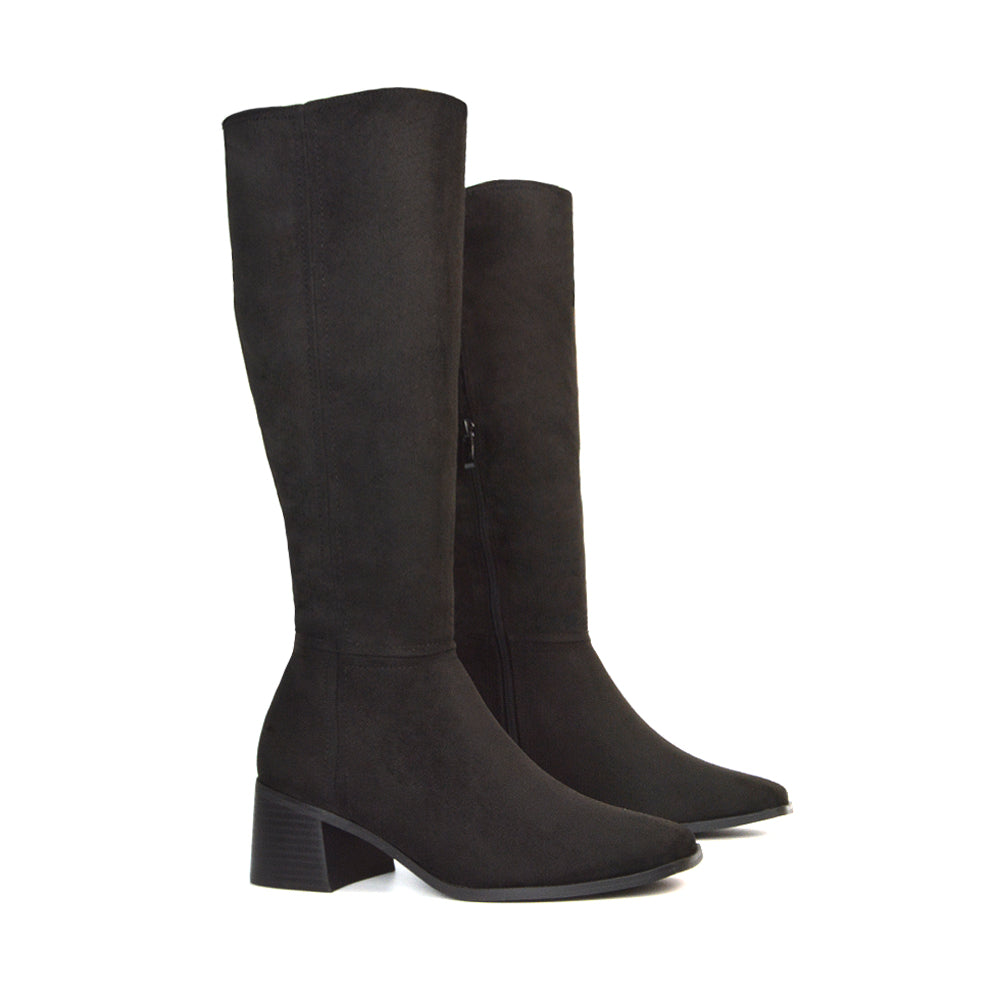 Black Faux Suede Heeled Boots, Black Faux Suede Heeled Knee High Boots, Black Faux Suede Block Heeled Knee High Boots, Knee High Boots 