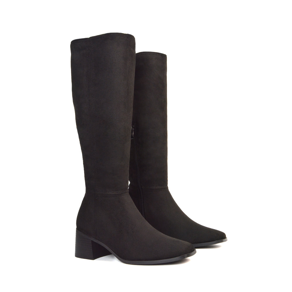 Black Faux Suede Square Toe Knee High Boots, Black Faux Suede Low Heel Knee High Boots, Heeled Boots, Block Heeled Boots
