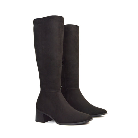 Black Faux Suede Square Toe Knee High Boots, Black Faux Suede Low Heel Knee High Boots, Heeled Boots, Block Heeled Boots