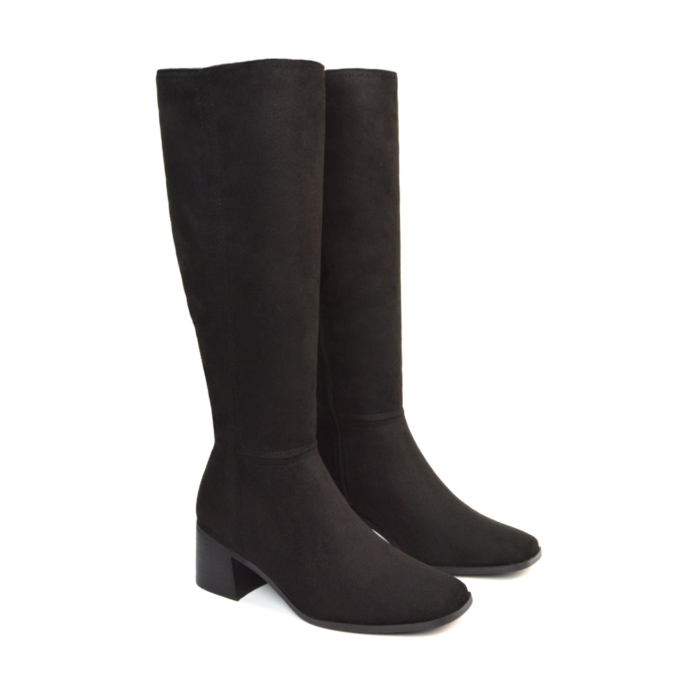 Black Faux Suede Boots, Black Faux Suede Knee High Boots, Black Faux Suede Square Toe Boots, Black Faux Suede Block Heeled Boots