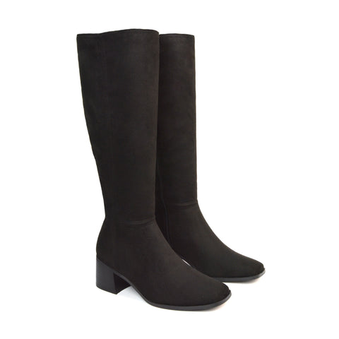 Black Faux Suede Boots, Black Faux Suede Knee High Boots, Black Faux Suede Square Toe Boots, Black Faux Suede Block Heeled Boots
