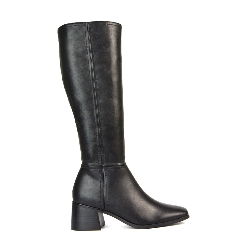 Black Heeled Boots, Black Heeled Knee High Boots, Black Block Heeled Knee High Boots, Knee High Boots 