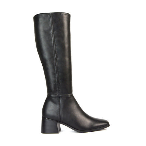 Black Heeled Boots, Black Heeled Knee High Boots, Black Block Heeled Knee High Boots, Knee High Boots 