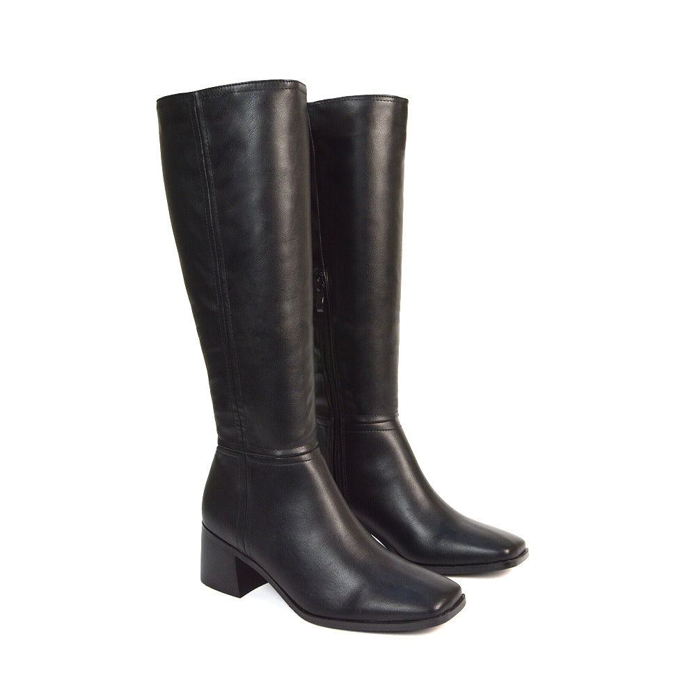 Ari Square Toe Knee High Low Block Heeled Winter Boots in Black Synthetic Leather Black Synthetic Leather UK EU 36 US