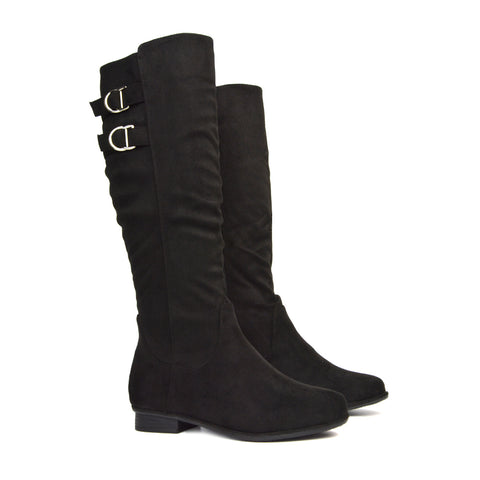 Black Flat Boots, Black Boots, Black PU Boots, Black Flat Knee High Boots