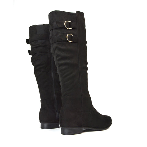 Black Faux Suede Knee High Boots, Black Faux Suede Flat Heel Boots, Black Faux Suede Slouchy Boots, Black Faux Suede Slouchy Knee High Boots