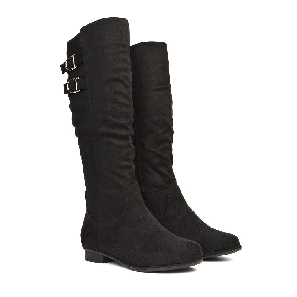 Black Faux Suede Knee High Slouch Boots, Slouchy Boots, Black Faux Suede Buckle Knee High Boots, Black Faux Suede Buckle Booyd