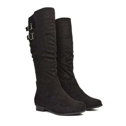 Black Faux Suede Knee High Slouch Boots, Slouchy Boots, Black Faux Suede Buckle Knee High Boots, Black Faux Suede Buckle Booyd