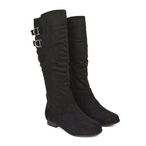 Black Faux Suede Long Boots, Black Faux Suede Knee High Boots For Women, Black Faux Suede Zip Up Boots, Black Faux Suede Zip Up Knee High Boots