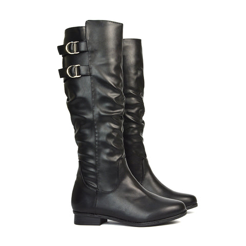 Black Flat Boots, Black Synthetic Leather Boots, Black PU Boots, Black Flat Knee High Boots