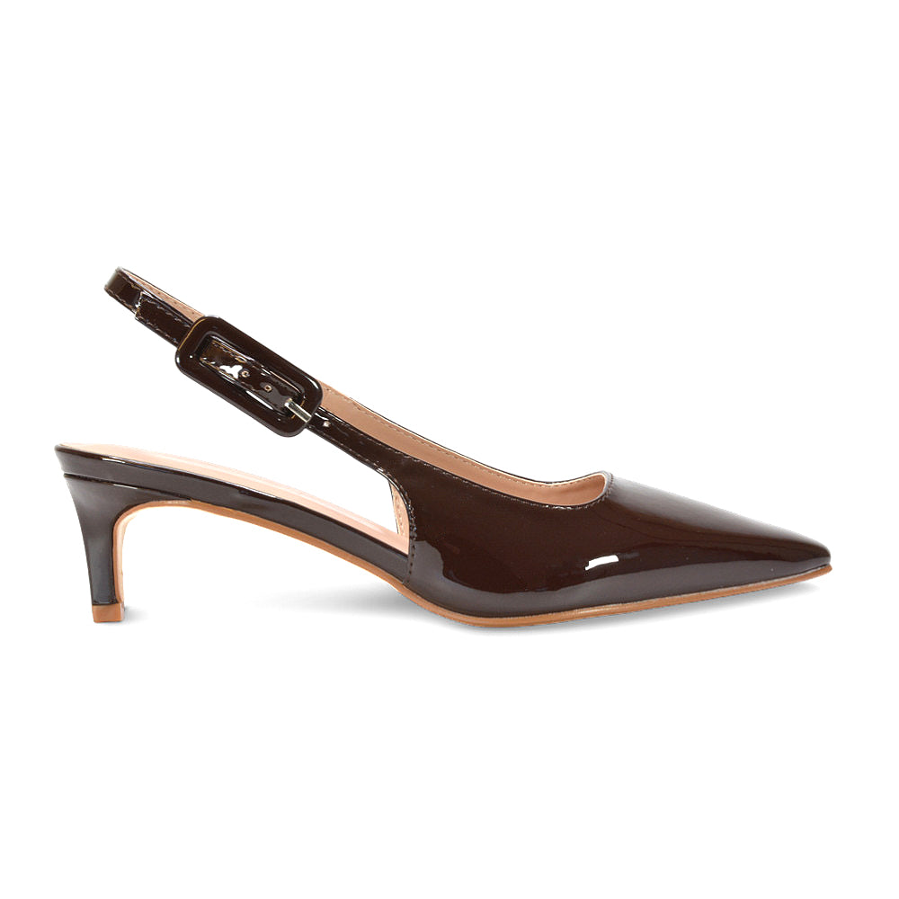 Brown comfort heels, Brown evening party shoes, Strappy kitten heels, low heels, pointed toe heels