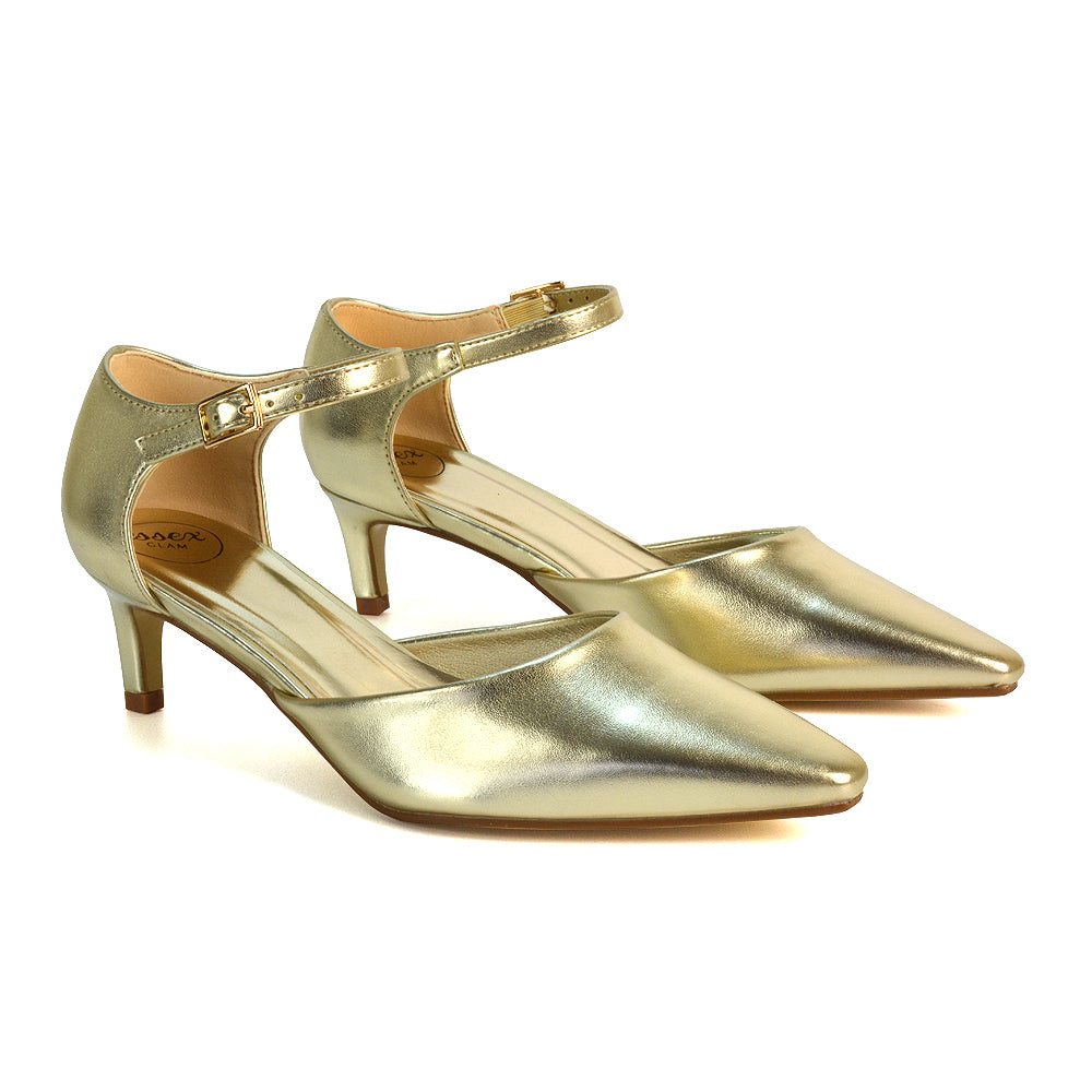 Gold Kitten Heel Court Shoes, Gold Pointed Toe Court Shoes, Gold Pointed Toe Kitten Heels, Gold Low Heel Court Shoes