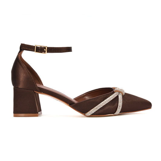 brown strappy mid heels, brown block heel sandals, brown satin heels, brown wedding guest heels, comfortable brown block heels for women, pointed toe block heels