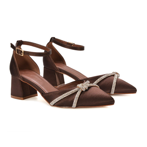 brown strappy heels, brown mid block heels, brown pointed toe sandals, strappy mid block heels, party heels for women