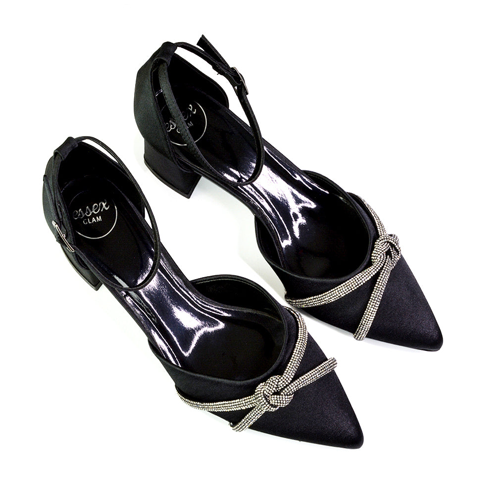 black mid block heels, mid block heels, rhinestone bow heels
