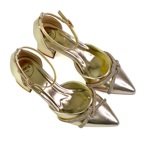 gold mid block heels, mid block heels, rhinestone bow heels