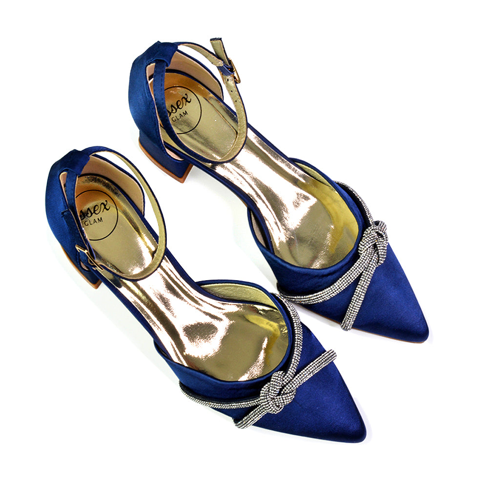 navy mid block heels, mid block heels, rhinestone bow heels