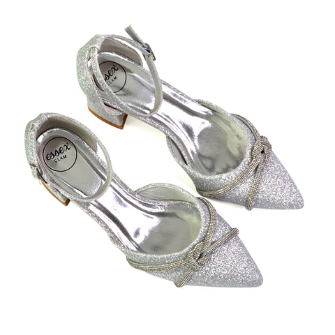silver mid block heels, mid block heels, rhinestone bow heels