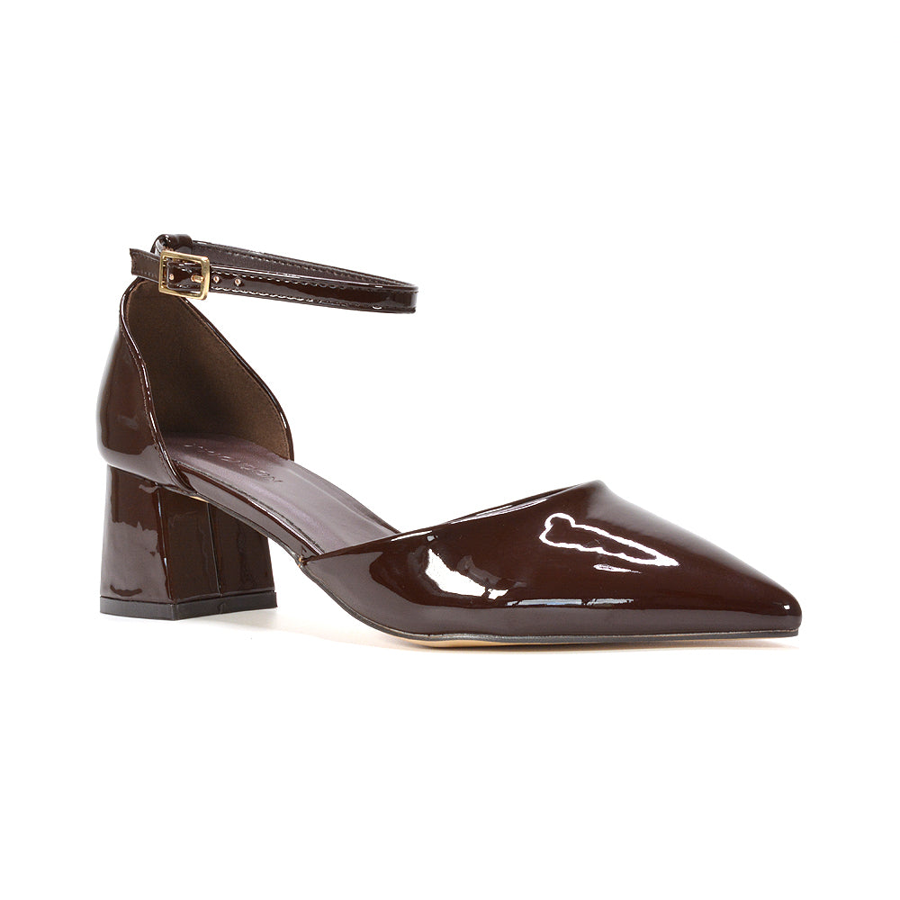 Brown low block heel ankle strap court shoes, Brown low block heel shoes, patent court shoes