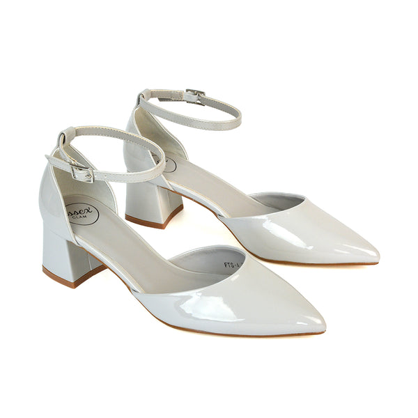 Ankle Strap Grey Block Heel Pump Evie Low Block Heel Pointed Toe