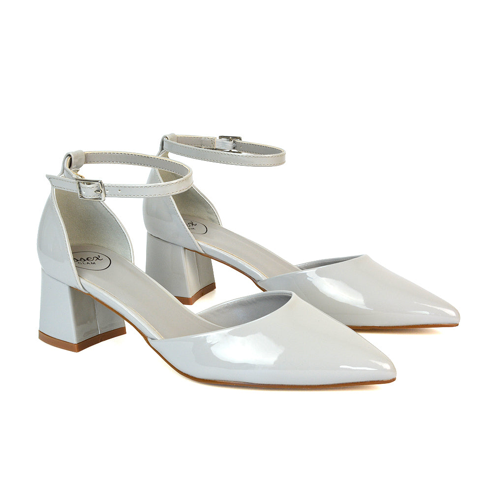 Gray Court Shoes With Block Heels, Gray Ankle Strap Court Shoes, Court Shoes With Block Heels, Ankle Strap Court Shoes