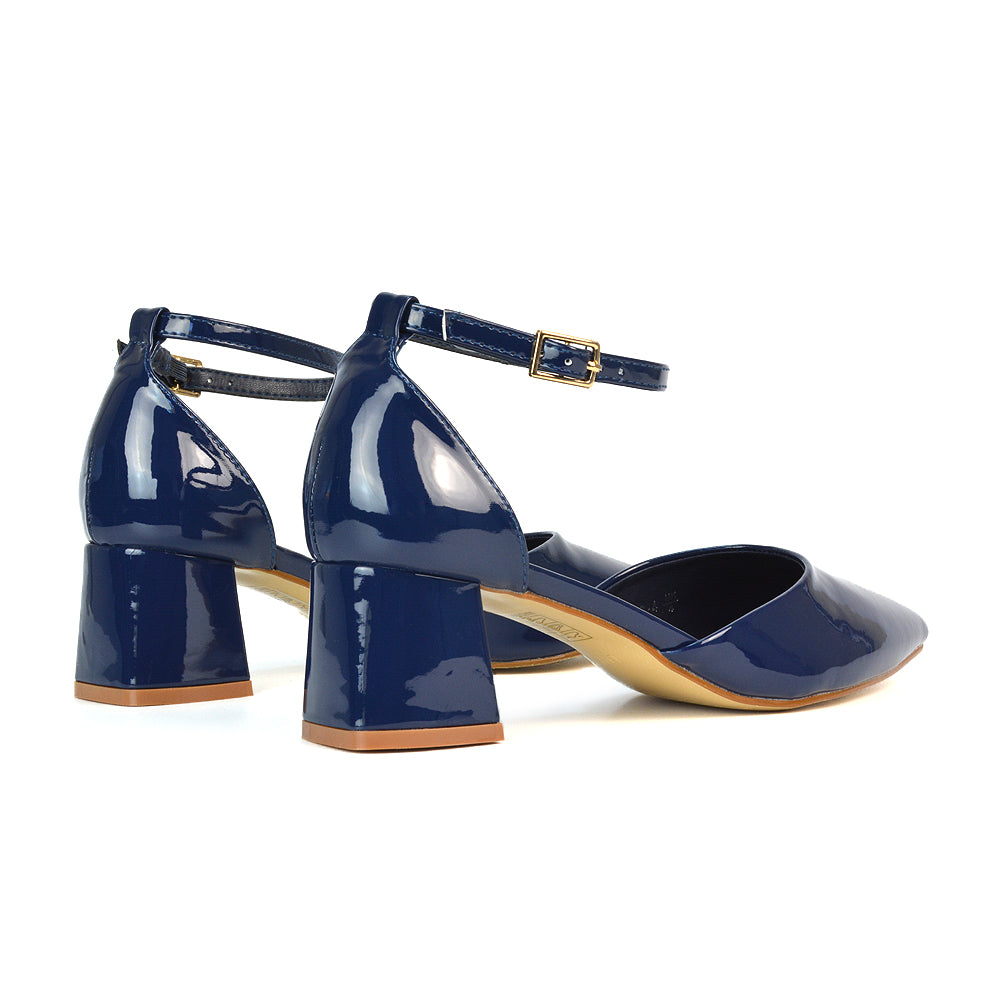 Navy Court Shoes With Block Heels, Navy Ankle Strap Court Shoes, Court Shoes With Block Heels, Ankle Strap Court Shoes