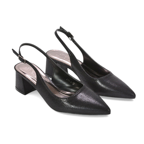 metallic slingback pumps, buckle slingback heels, prom block heels, cushioned insole heels, black prom heels, black prom shoes, black pointed toe court shoes