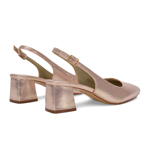 metallic slingback pumps, buckle slingback heels, prom block heels, cushioned insole heels, gold prom heels, gold prom shoes, gold pointed toe court shoes