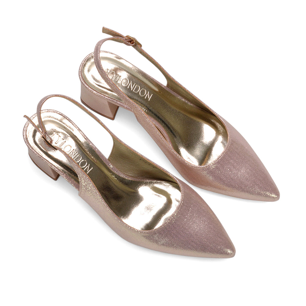 chic metallic mid heels, fashion-forward slingback pumps, elevated evening heels, textured shimmer fabric heels, holiday party block heels, gold party block heels, gold wedding guest heels