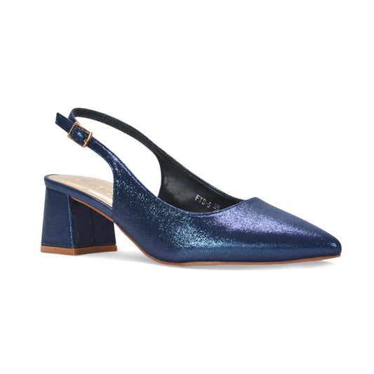metallic slingback pumps, buckle slingback heels, prom block heels, cushioned insole heels, navy prom heels, navy prom shoes, navy pointed toe court shoes