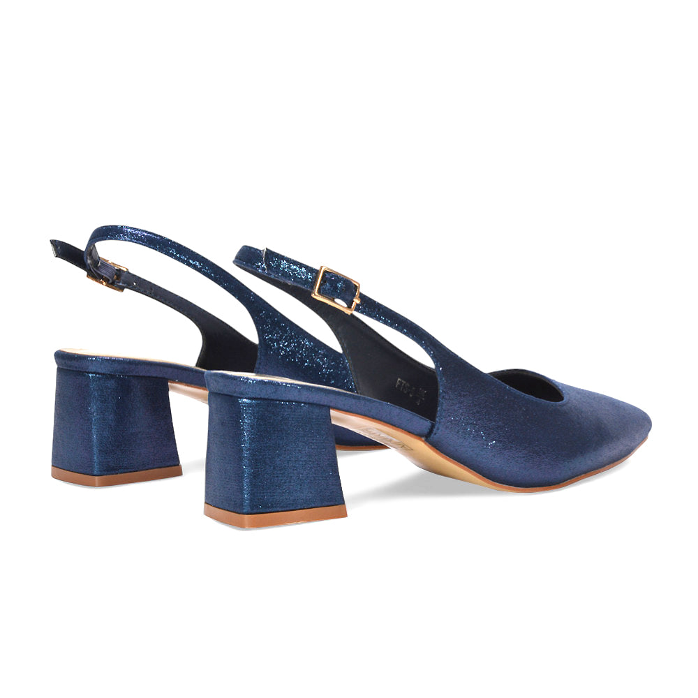 stable block heel pumps, bridal shimmer heels, closed toe slingbacks, glitter block heel shoes, navy court heels, navy party heels