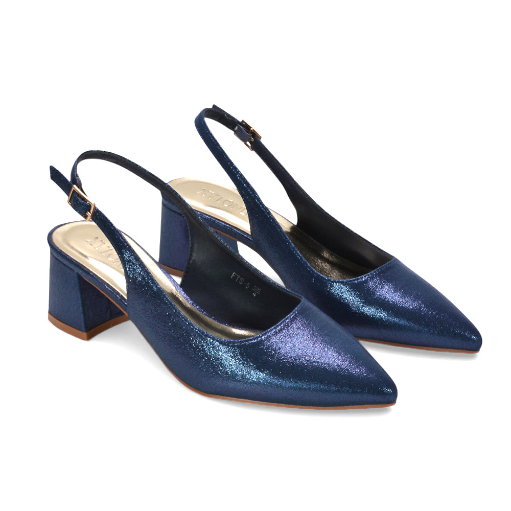 sparkling slingback heels, low to mid heel dress shoes, bridal shimmer heels, stable block heel pumps, navy slingback mid heels, navy slip on heels
