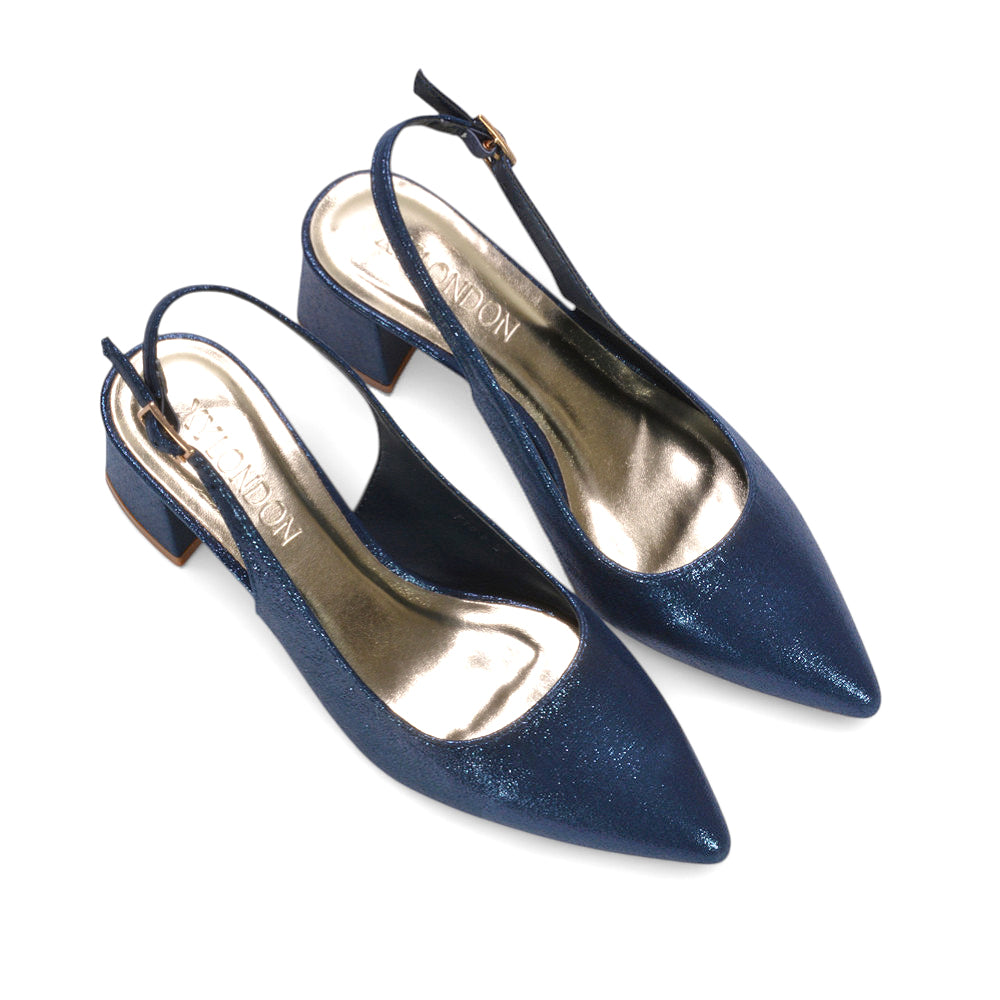 chic metallic mid heels, fashion-forward slingback pumps, elevated evening heels, textured shimmer fabric heels, holiday party block heels, navy party block heels, navy wedding guest heels