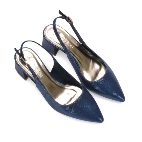 chic metallic mid heels, fashion-forward slingback pumps, elevated evening heels, textured shimmer fabric heels, holiday party block heels, navy party block heels, navy wedding guest heels