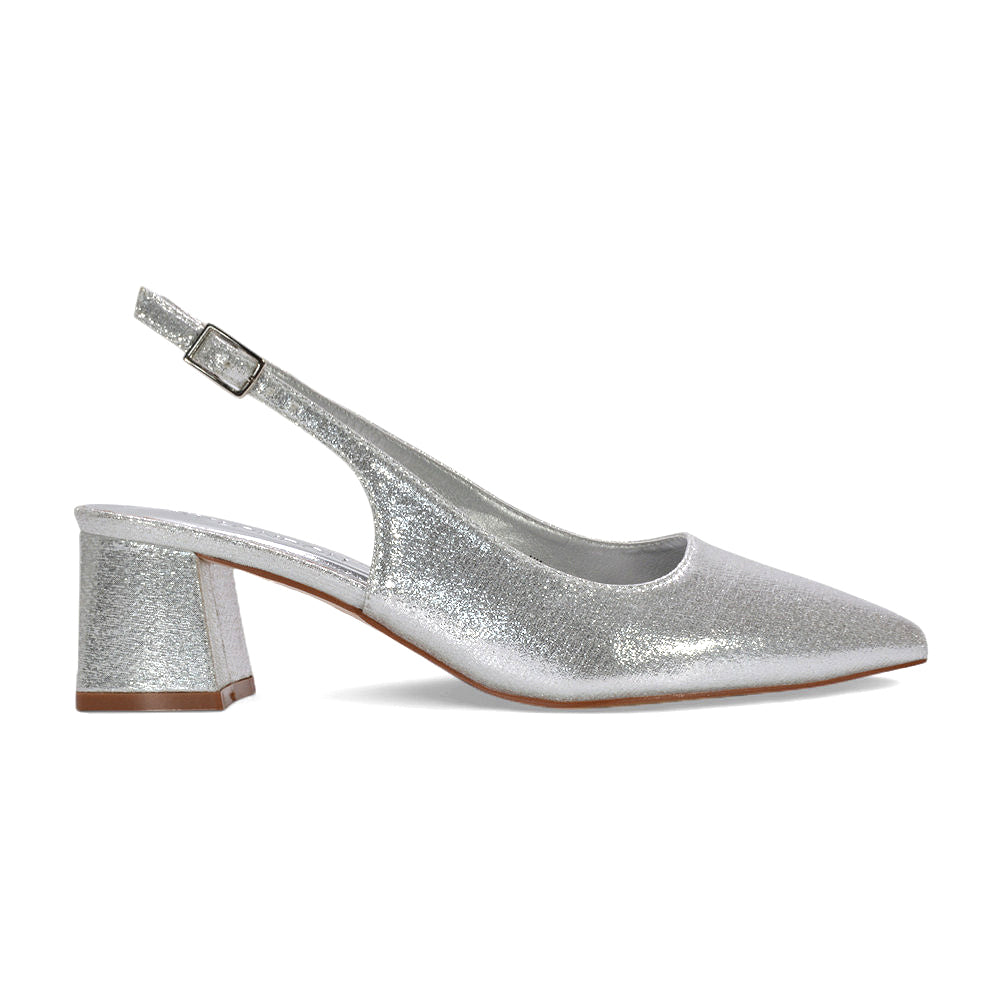 mid block heel slingbacks, pointed toe slingbacks, wedding guest heels, silver shimmer pumps, silver heels, silver mid heels