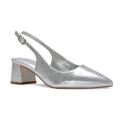 metallic slingback pumps, buckle slingback heels, prom block heels, cushioned insole heels, silver prom heels, silver prom shoes, silver pointed toe court shoes