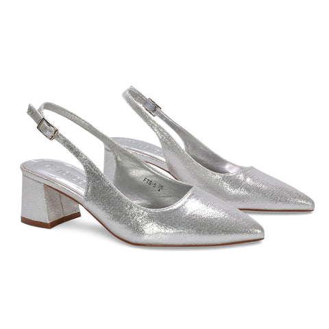 Monroe Slingback Mid Block Heel Pointed Toe Court Shoes in Silver Shimmer