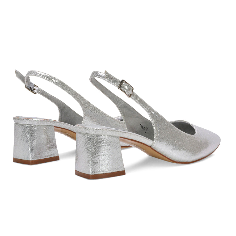 sparkling slingback heels, low to mid heel dress shoes, bridal shimmer heels, stable block heel pumps, silver slingback mid heels, silver slip on heels