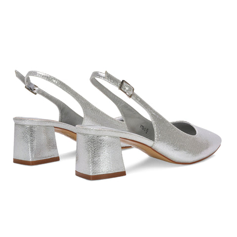 sparkling slingback heels, low to mid heel dress shoes, bridal shimmer heels, stable block heel pumps, silver slingback mid heels, silver slip on heels