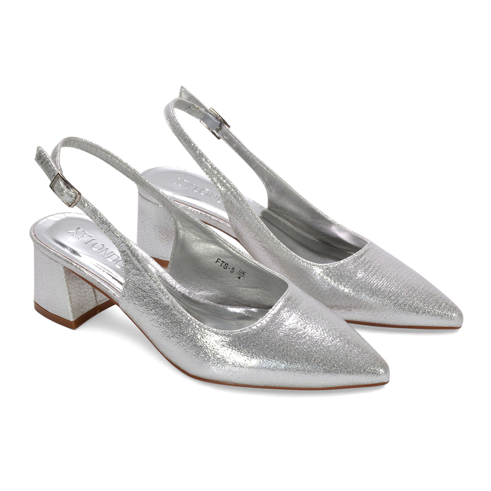 shimmer slingback heels, adjustable strap slingbacks, party slingback shoes, walkable mid heel shoes, silver slingback heels, silver mid block heel sandals, silver strappy heels