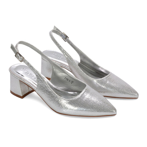 shimmer slingback heels, adjustable strap slingbacks, party slingback shoes, walkable mid heel shoes, silver slingback heels, silver mid block heel sandals, silver strappy heels