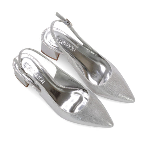 chic metallic mid heels, fashion-forward slingback pumps, elevated evening heels, textured shimmer fabric heels, holiday party block heels, silver party block heels, silver wedding guest heels