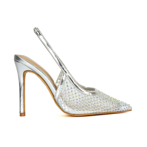  Prom Heels, Prom Shoes, Silver Court Heels, Court Heels, High Heels With Diamantes, Mesh Heels