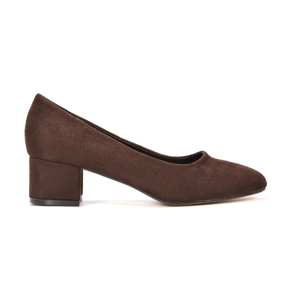 Brown low block heel court shoes, Women's brown low block heel round toe court shoes