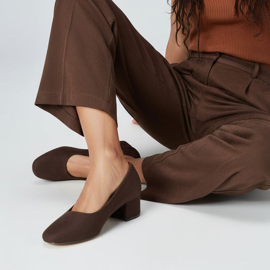 chocolate heels, brown closed toe heels, 