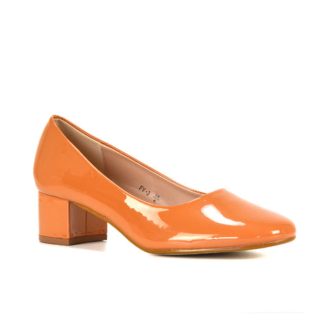 apricot low block heel slip on round toe court shoes- a classic in your shoedrobe, perfect for race day, bank holiday outfits, office attire, weddings