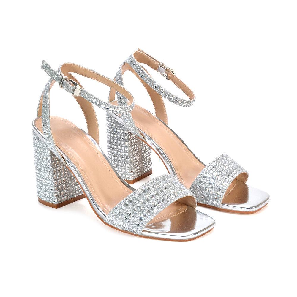 Zara Diamante Strappy Block High Heel Sparkly Party Shoes in Gold Silver UK EU 36 US