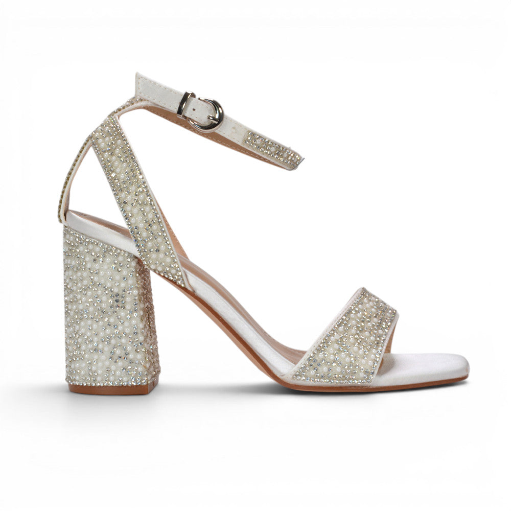 white pearl bridal block heels, comfortable white bridal heels