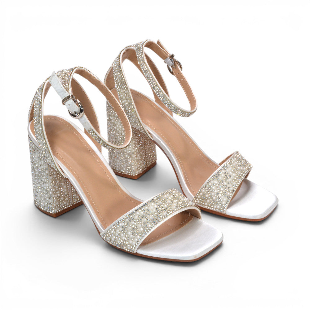 white pearl block heel wedding, white square toe pearl wedding heels