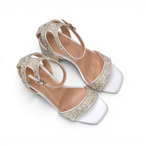 comfortable white block high heels for weddings, white satin ankle strap block high heels